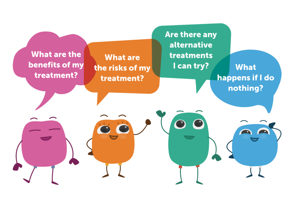 Illustrated characters reminding you that It's OK to ask questions at your health appointment