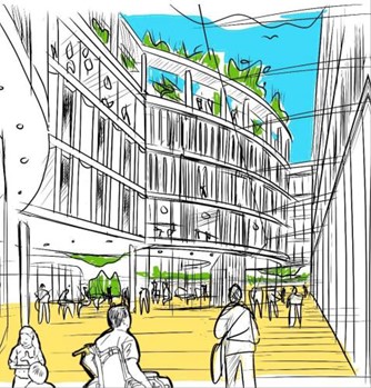 Artist impression of the proposed Hemel Hempstead Health Campus showing what the building would look like from the area directly outside.