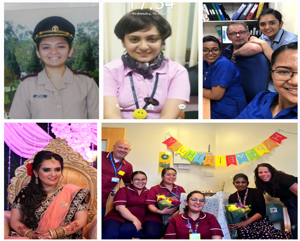 A collage of photos of nurse Shikha Sharma, depicting (clockwise from left) a portrait of her in Indian Army uniform; as a Quality Improvement Nurse; a registered nurse at Princess Alexandra Hospital Trust; sitting on a chair during her wedding; with her team as a practice development nurse.