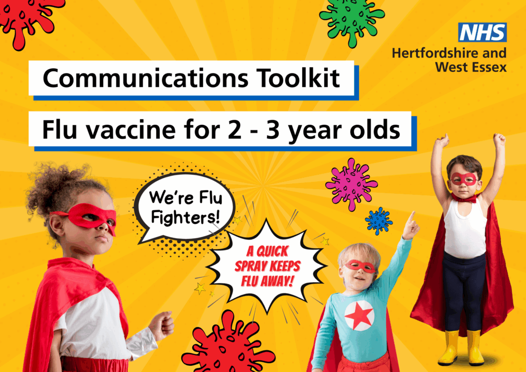 Image of the front of the communications toolkit. Yellow background with children dressed as super heroes. A speech bubble says "We're Flu Fighters" and also the words "A quick spray keeps flu away!"