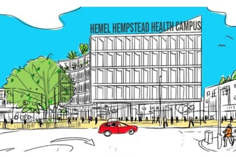 Sketchy illustration showing what the Hemel Hempstead Health Campus might look like. It is a four story long building that is slightly curved.