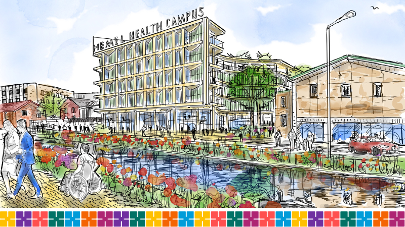 Artist's impression of a proposed new health campus in Hemel Hempstead