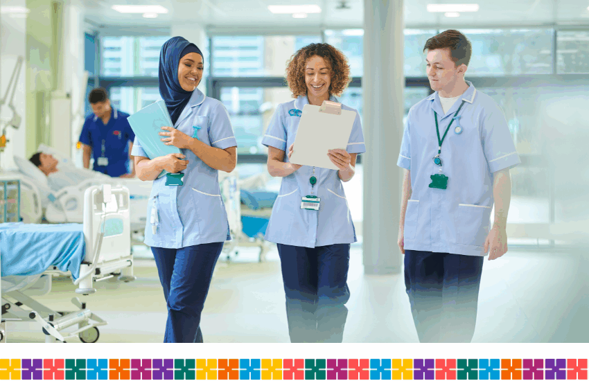 Three health care students in a hospital